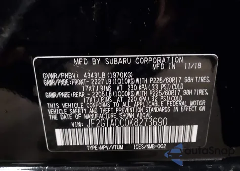 2019 Subaru Crosstrek 2.0I Premium from USA, damaged, VIN JF2GTACC0K8273690